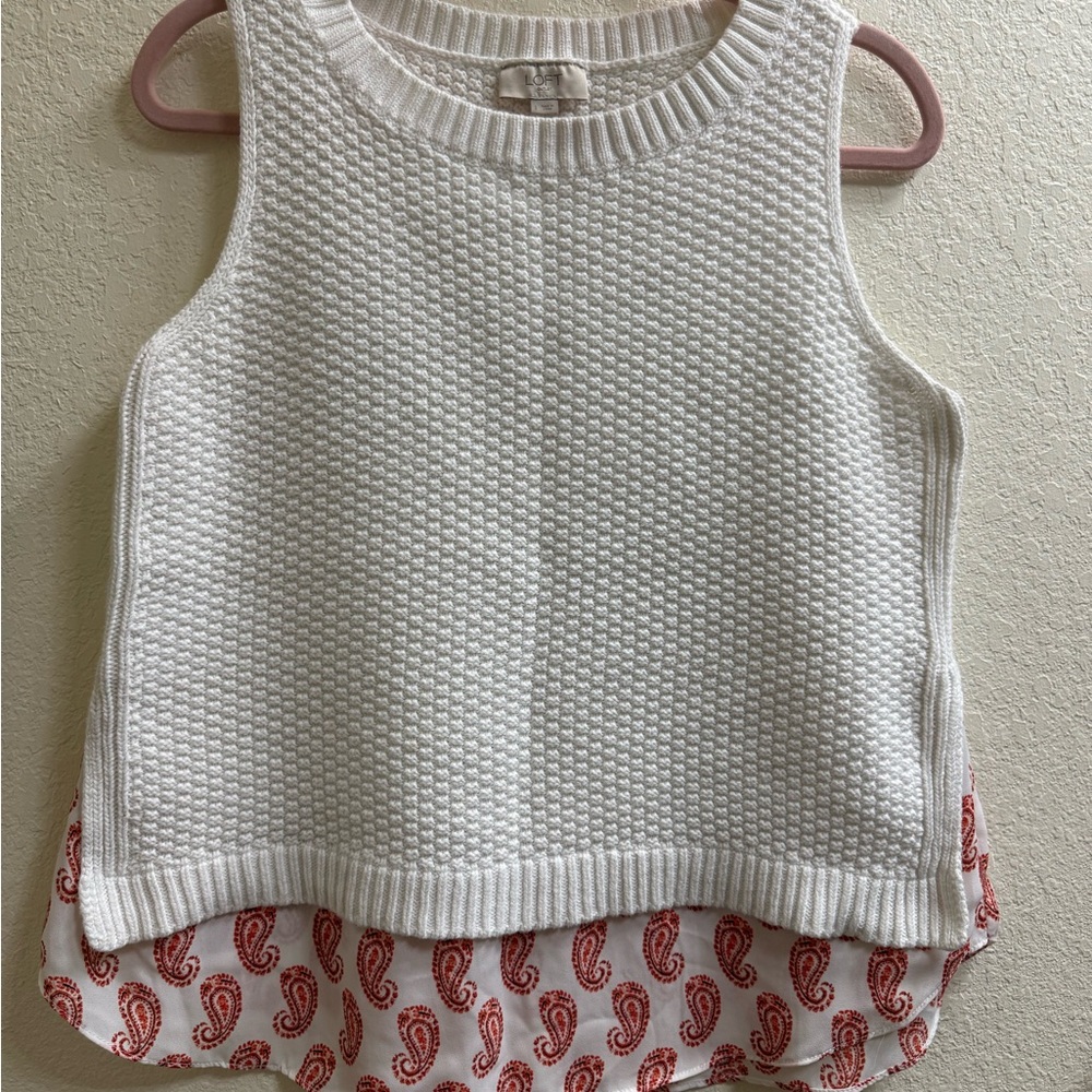 Loft White Knit Tank with Red Paisley Hem